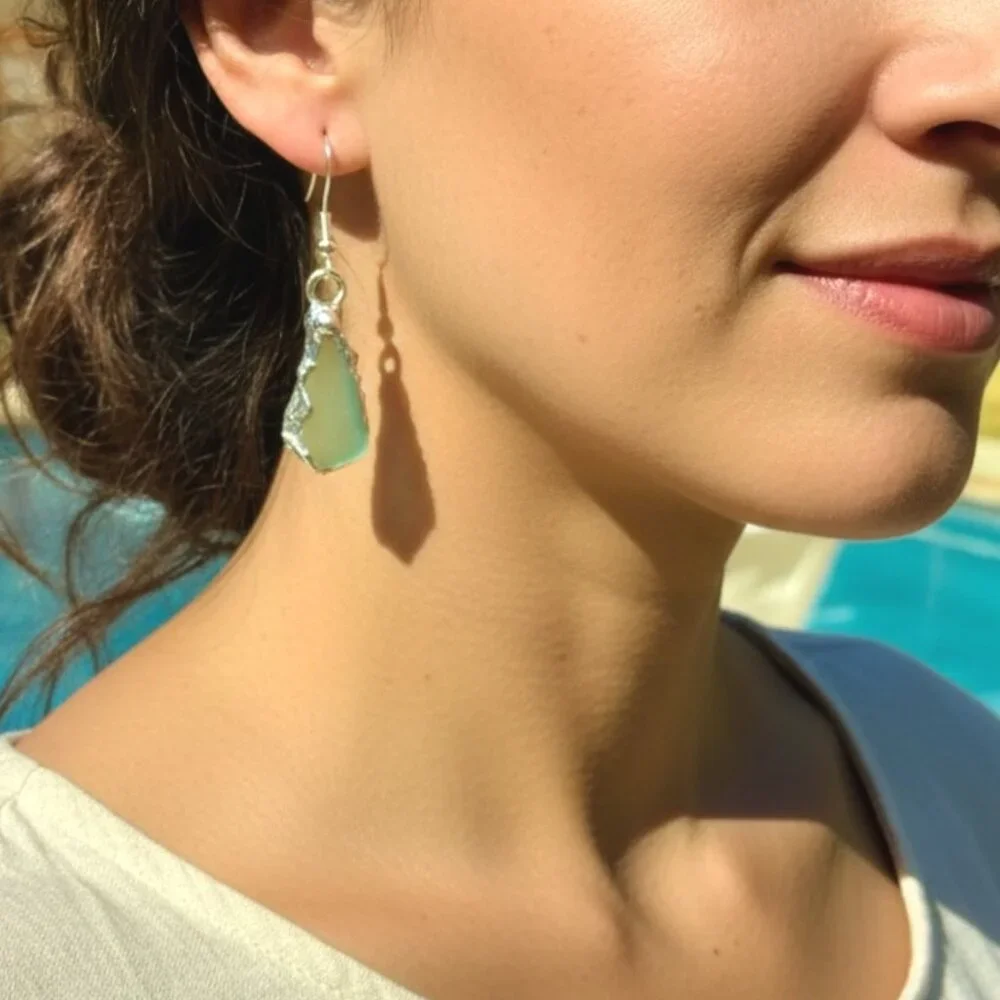 Handmade Sea Glass Earrings With Artisan Silver Blend Cabochons & 925 Hooks - Picture 6 of 13